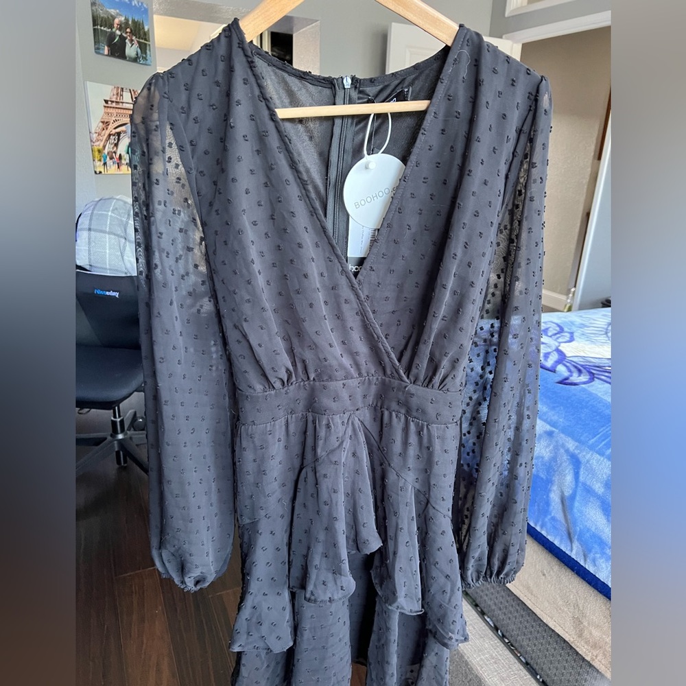 Boohoo Black Ruffle Dress NWT- size 12